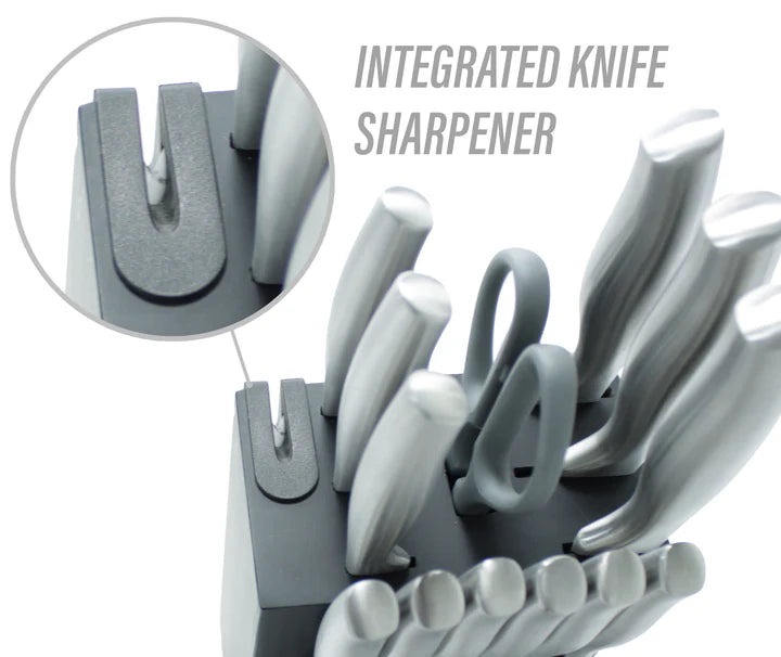 Elegant 15 Piece Kitchen Knife Set with Integrated Sharpener